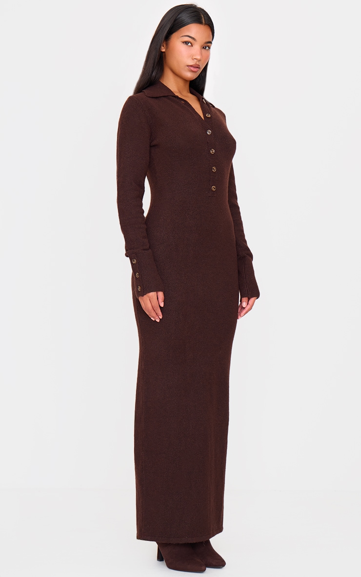 Chocolate Soft Bobble Knit Button Up Collar Detail Maxi Dress image 3