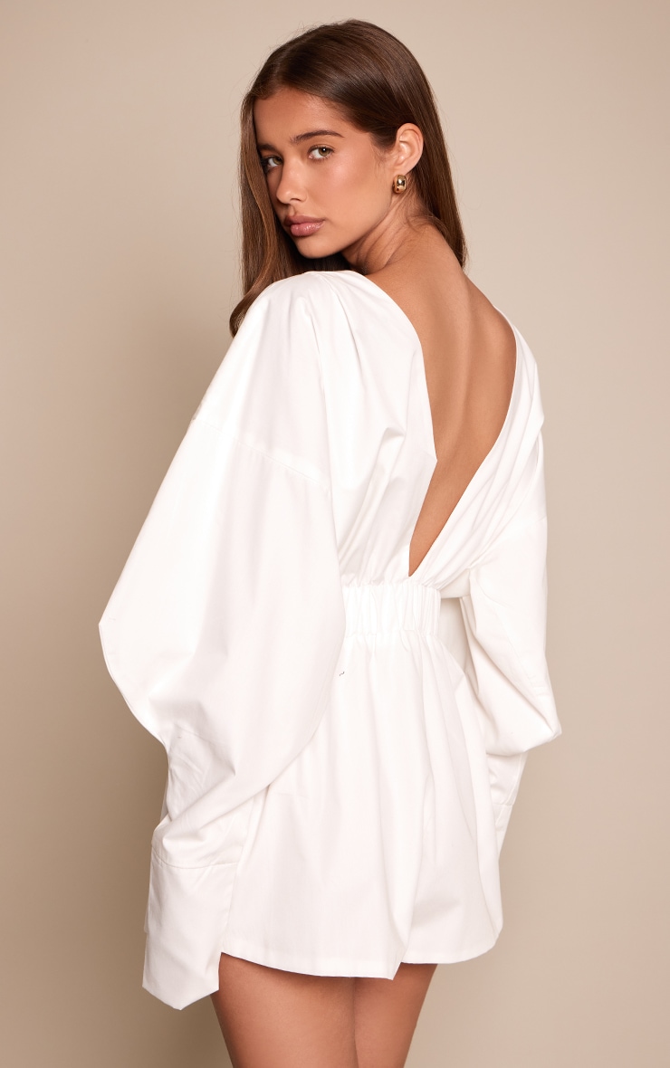 White Cotton Plunge Shirt Romper image 2