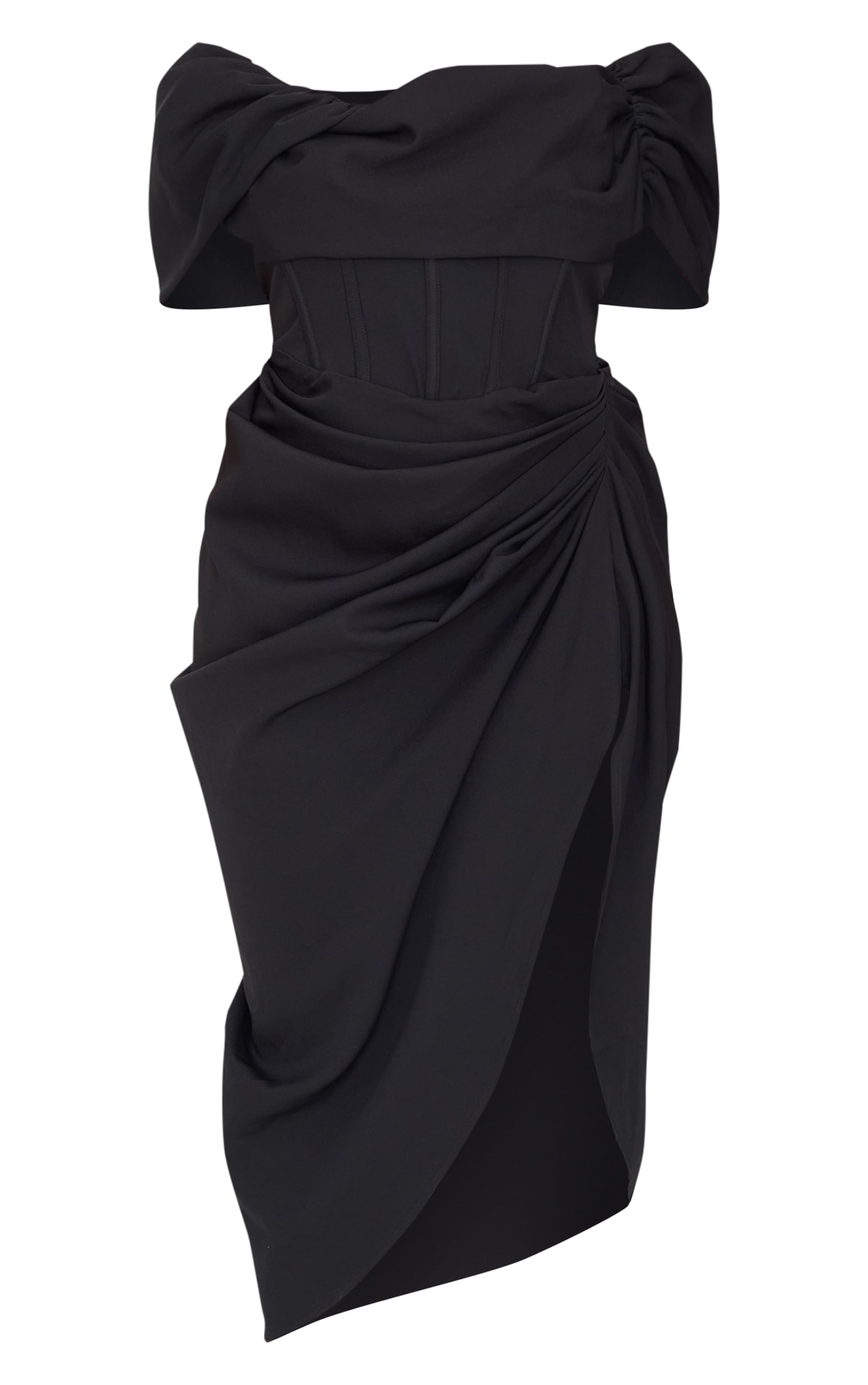 Plus Black Corset Bardot Draped Midi Dress image 5