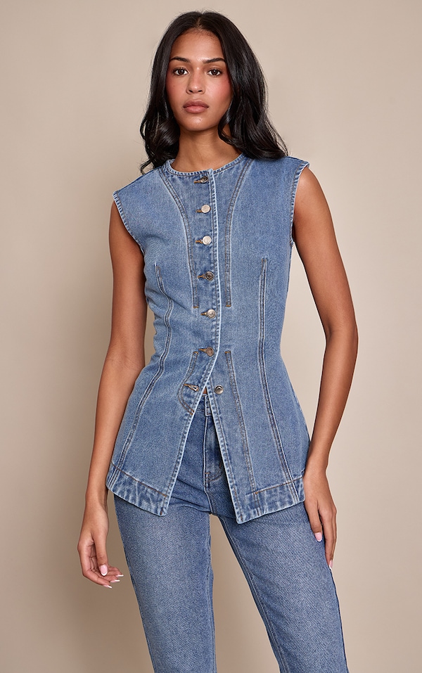 Tall Mid Blue Indigo Longline Sleeveless Denim Top