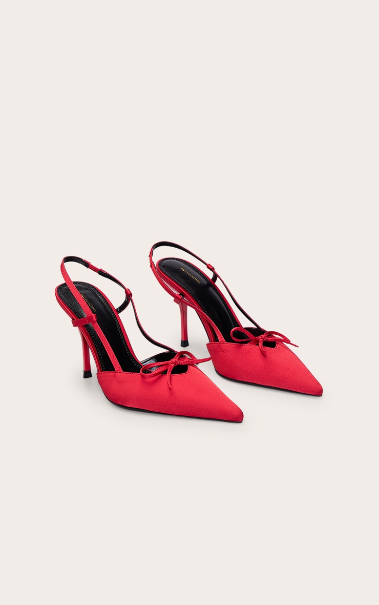 Escarpins pointus satinés rouges à talon moyen et noeuds image 3