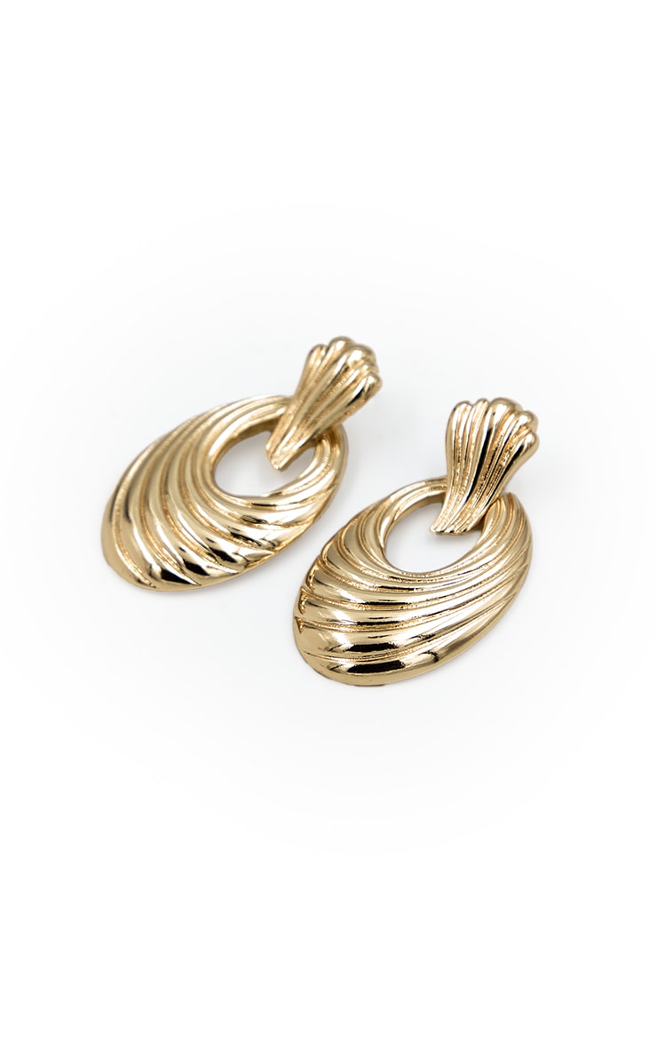 Gold Textured Statement Oval Earrings image 3