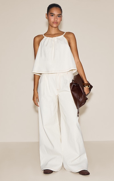 Ecru Pleated Wide Leg Jeans