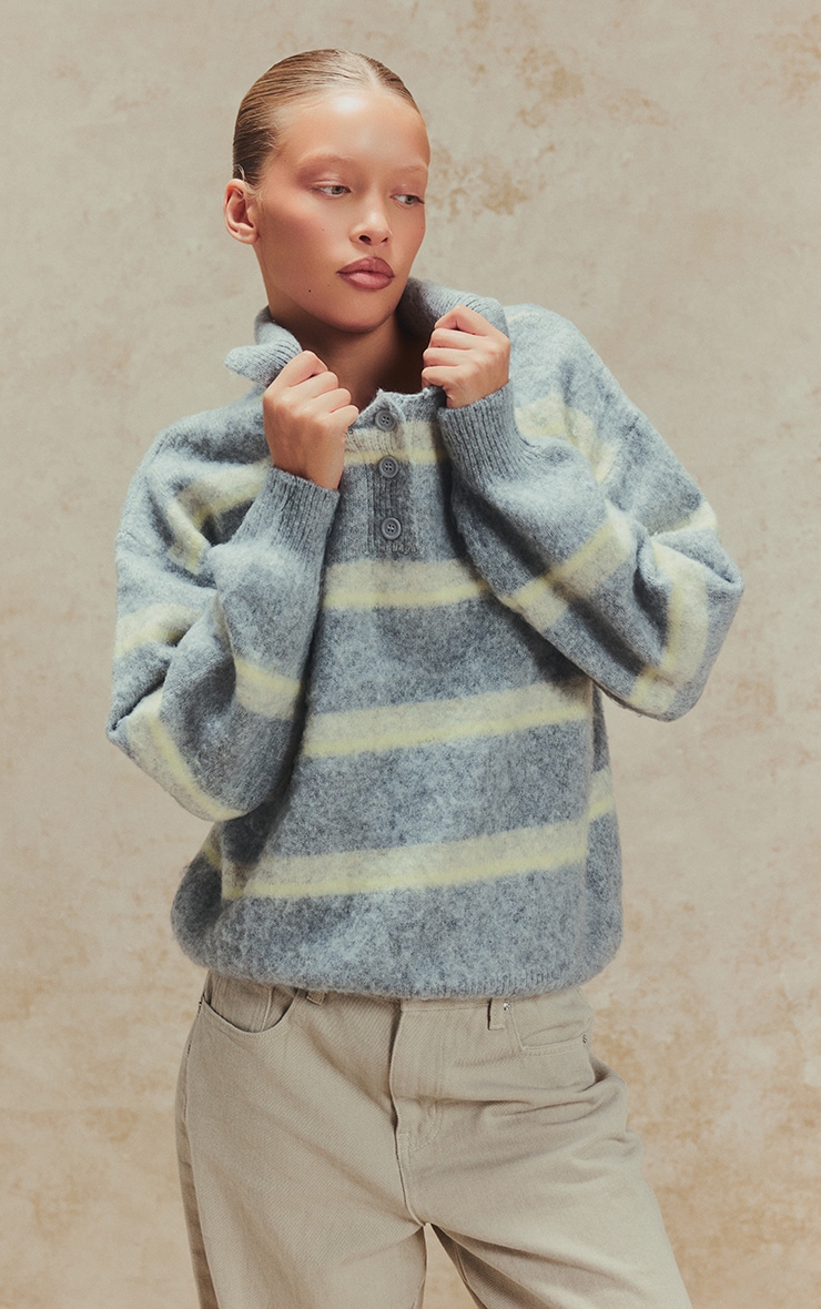 Grey Striped Brushed Knit Oversized Rugby Style Jumper image 4