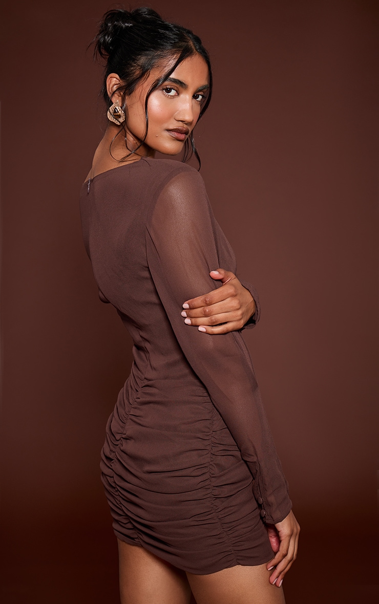 Chocolate Woven Boat Neck Long Sleeve Ruched Mini Dress image 2