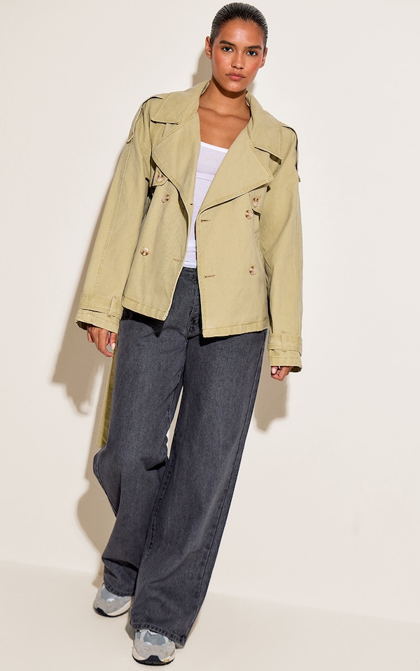 Washed Khaki Belted Cropped Button Detail Denim Trench