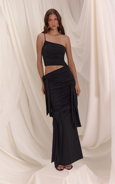 Black Slinky Jersey Knot Detail Cut Out One Shoulder Maxi Dress