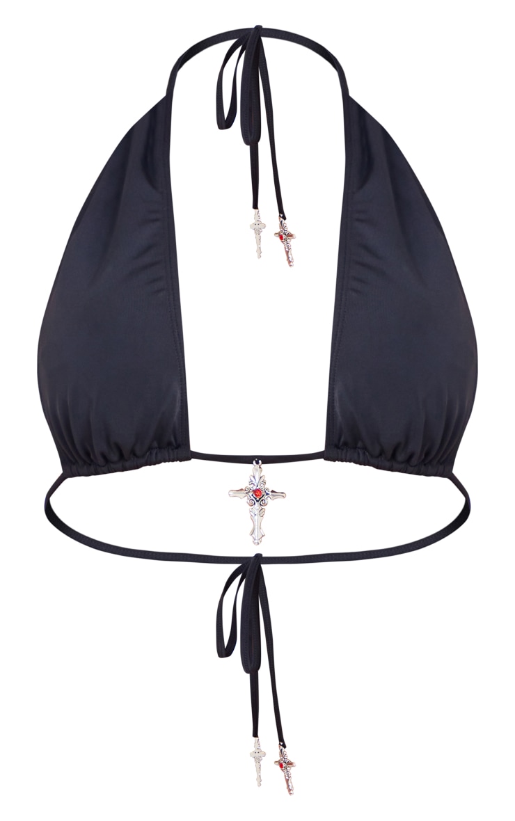 Black Cross Trim Plunge Triangle Bikini Top image 1