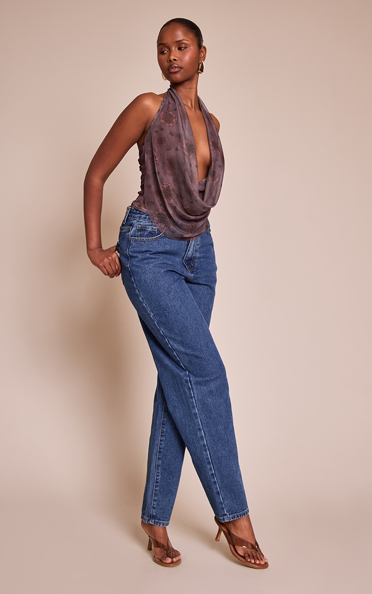 Dark Mauve Rose Print Mesh Halter Neck Top image 3