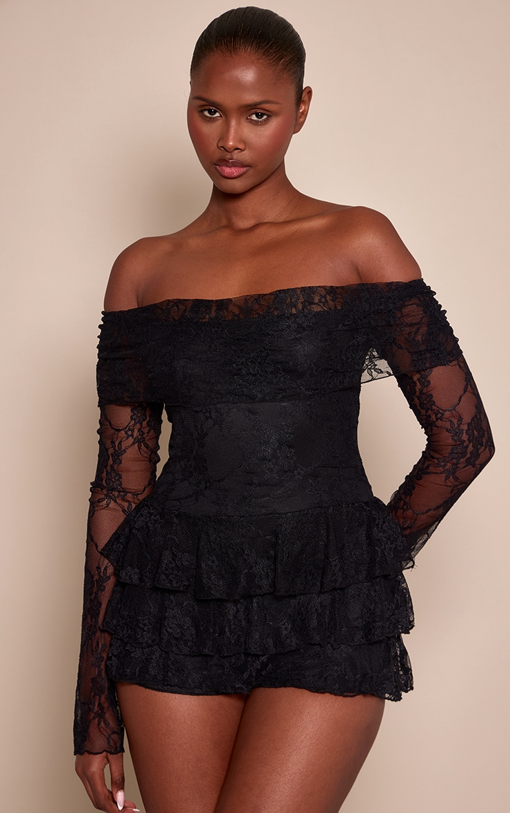 Black Lace Bardot Long Sleeve Skort Romper image 1