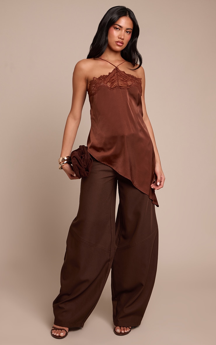 Chocolate Satin Lace Halterneck Asymmetric Cami Top image 3
