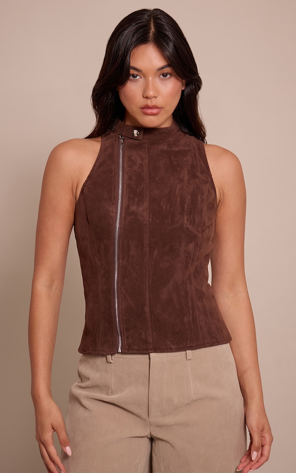 Dark Chocolate Faux Suede Zip Up Sleeveless Top