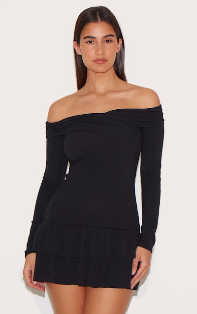 Black Ribbed Bardot Cross Over Bust Detail Shift Dress