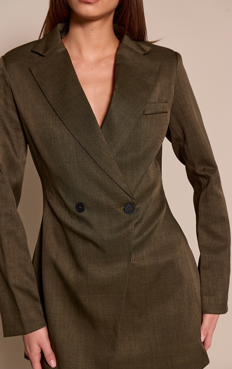 Khaki Woven Double Breasted Cinched Waist Blazer Dress image 4