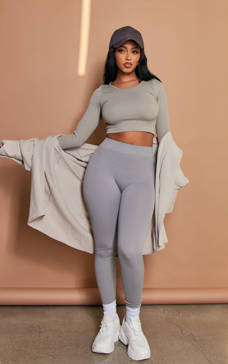 Moss Grey Structured Contour Ribbed Round Neck Long Sleeve Crop Top image 3