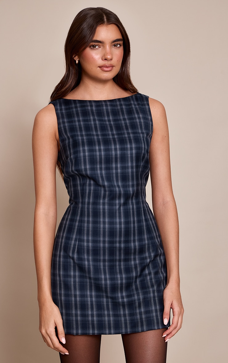 Navy Check Boat Neck Sleeveless Shift Dress image 1