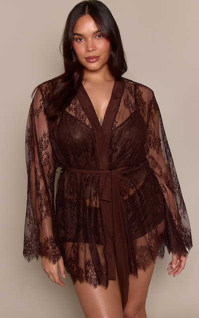 Plus Chocolate Eyelash Flute Sleeve Maxi Lace Robe