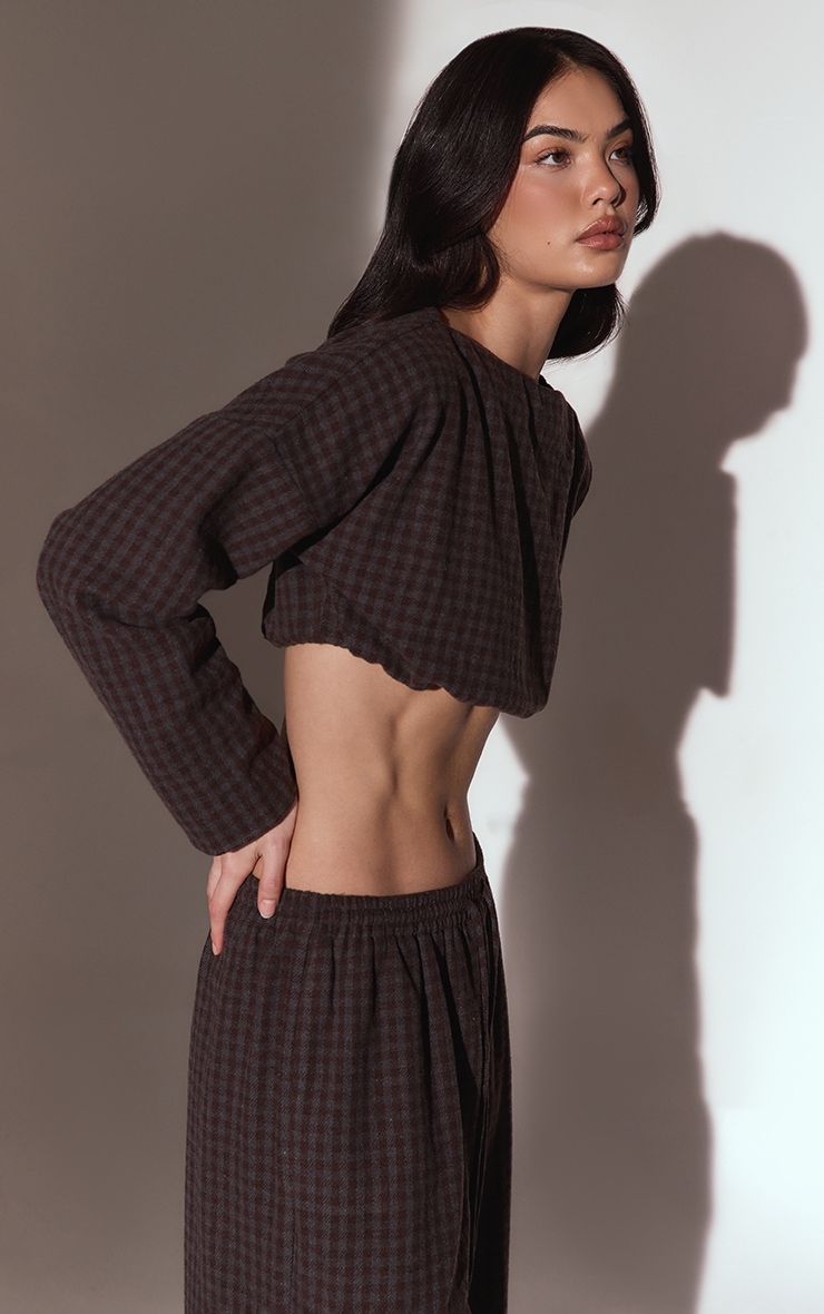 Brown Brushed Check Long Sleeve Crop Top image 4