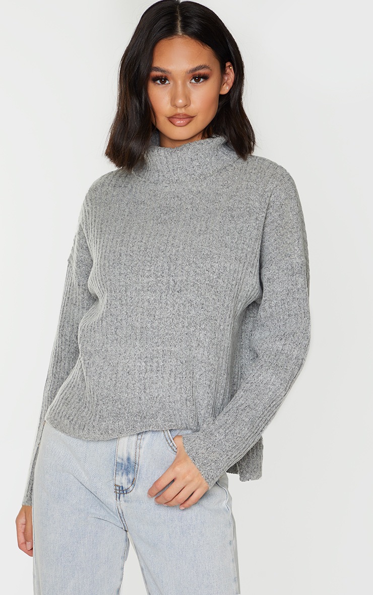 Grey Ribbed Roll Neck Textured Yarn Jumper
