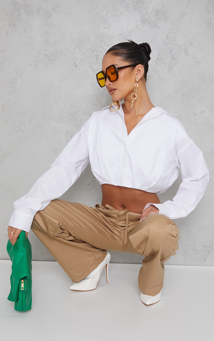 White Cotton Ruched Bust Crop Long Sleeve Shirt image 1