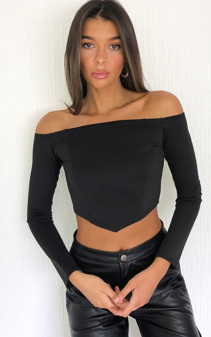 Crop top en néoprène noir à col bateau et ourlet pointu