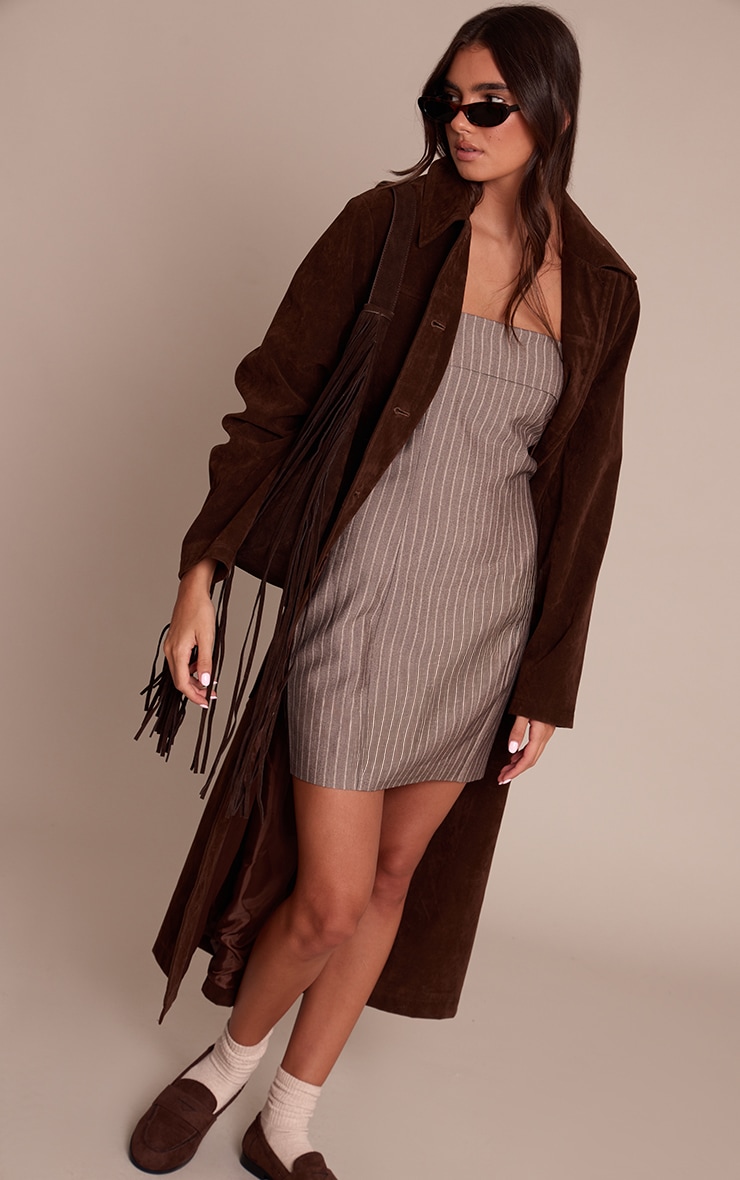 Brown Pinstripe Bandeau Fold Over Bodycon Dress image 3