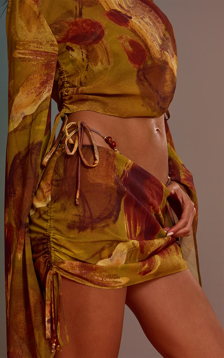 Green Abstract Print Bead Trim Chiffon Beach Skirt image 4