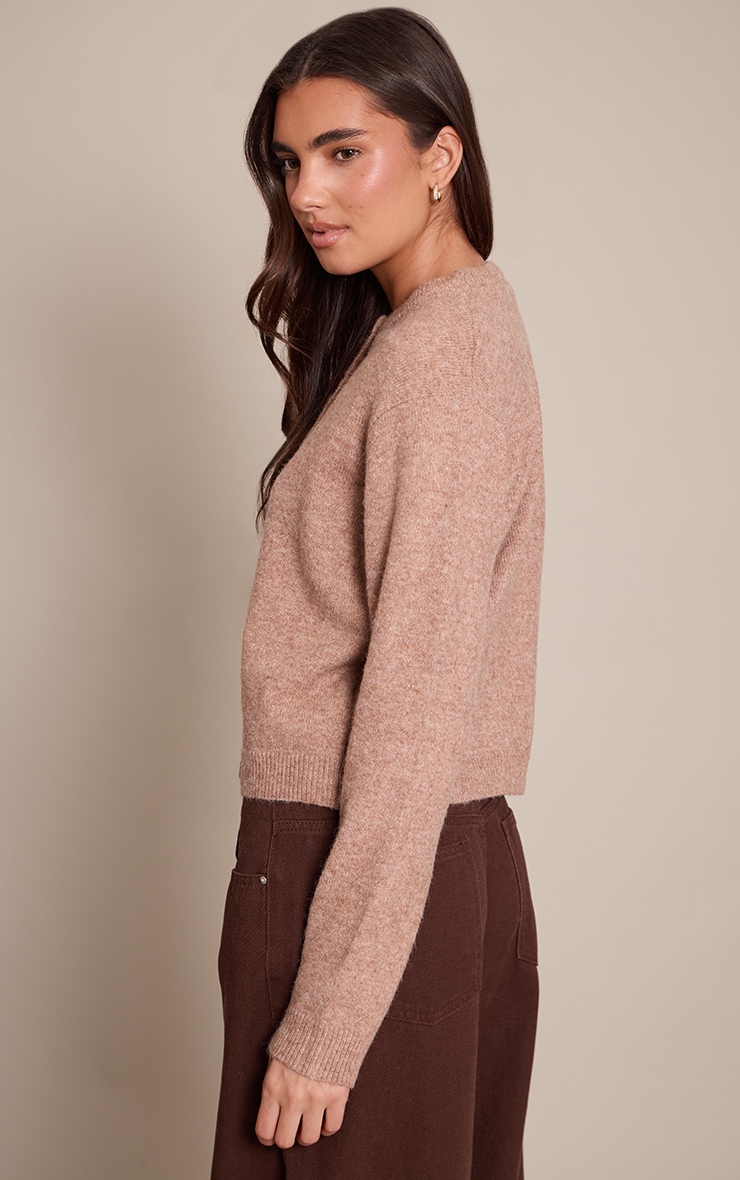 Camel Crew Neck Knit Cardigan image 2