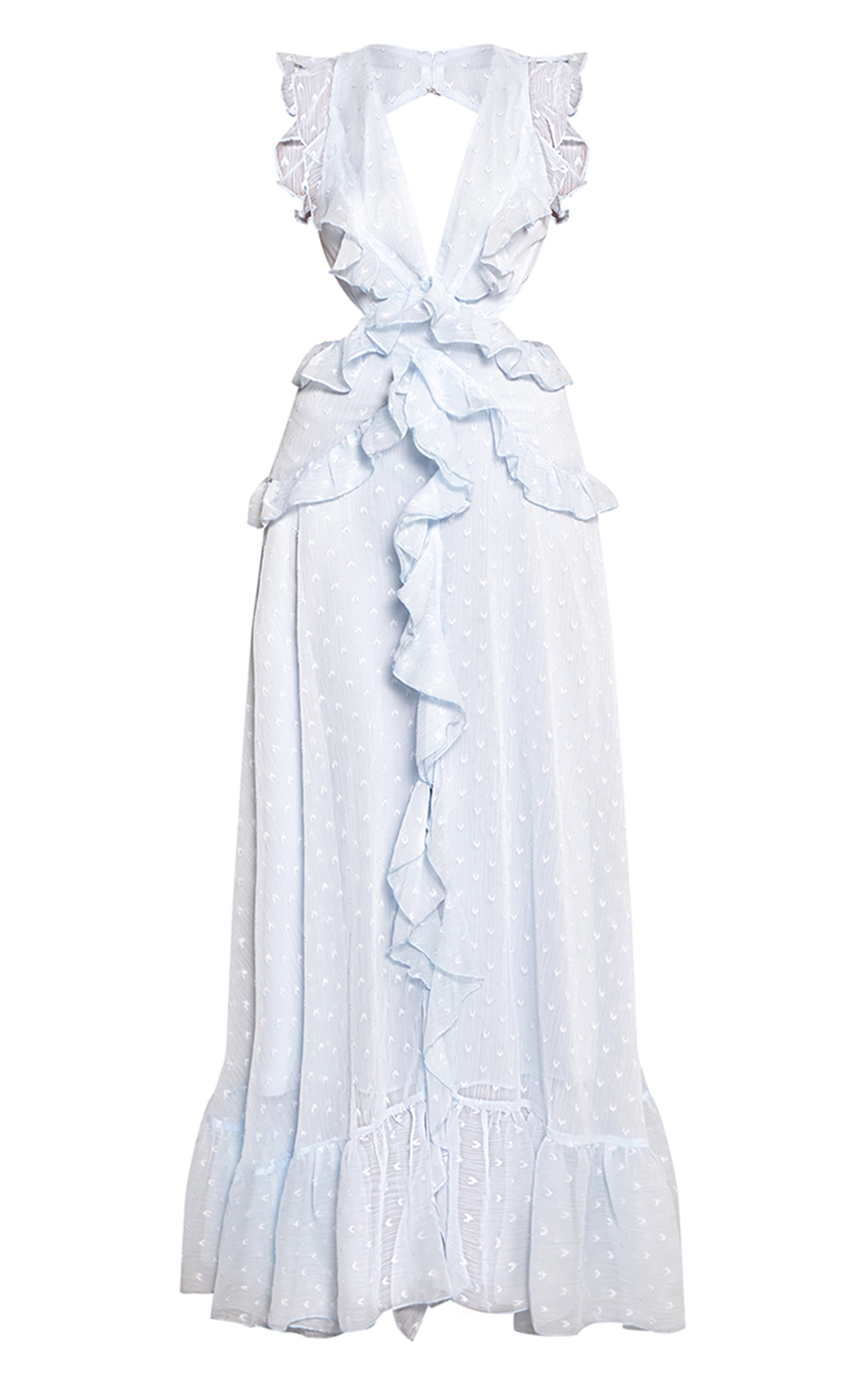 Robe longue bleue à décolleté et volants image 5