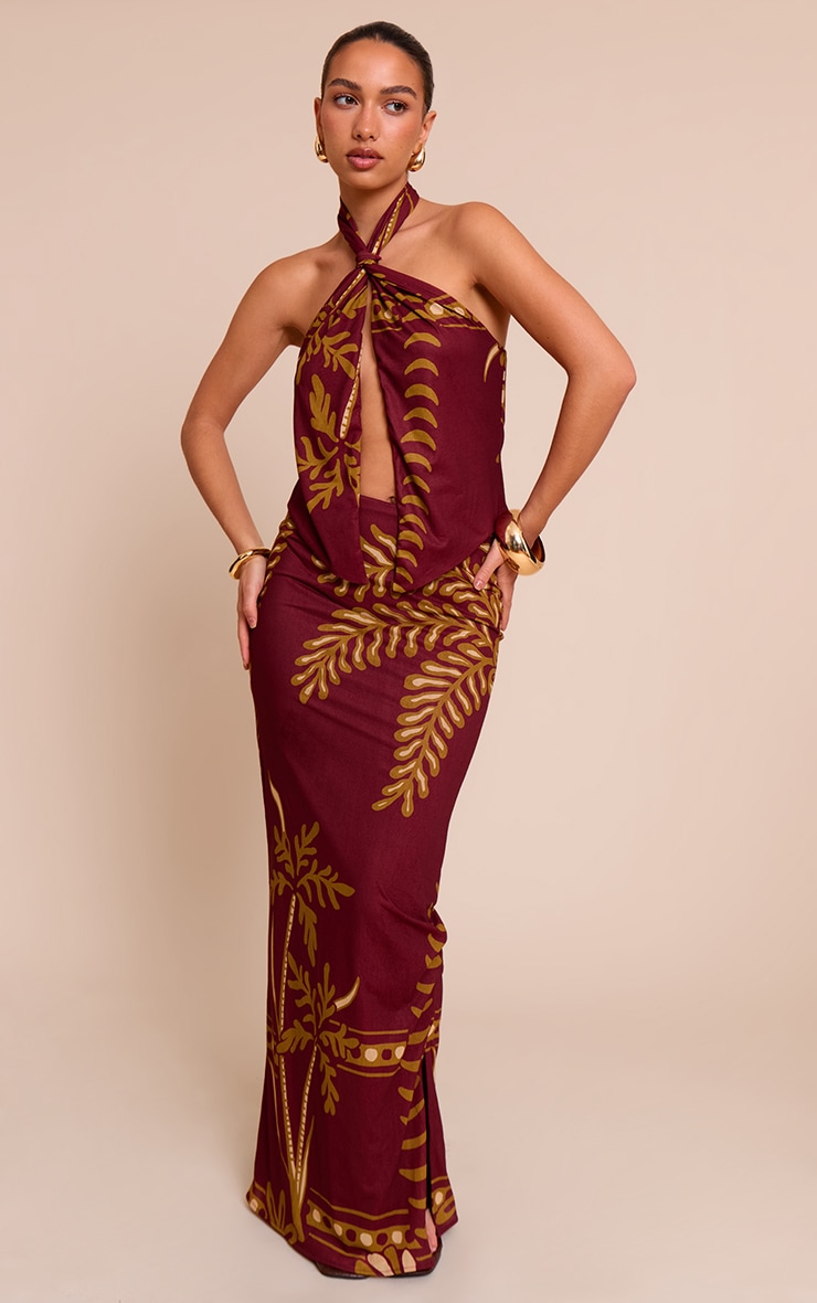 Rust Palm Print Chiffon Knot Halter Top image 3