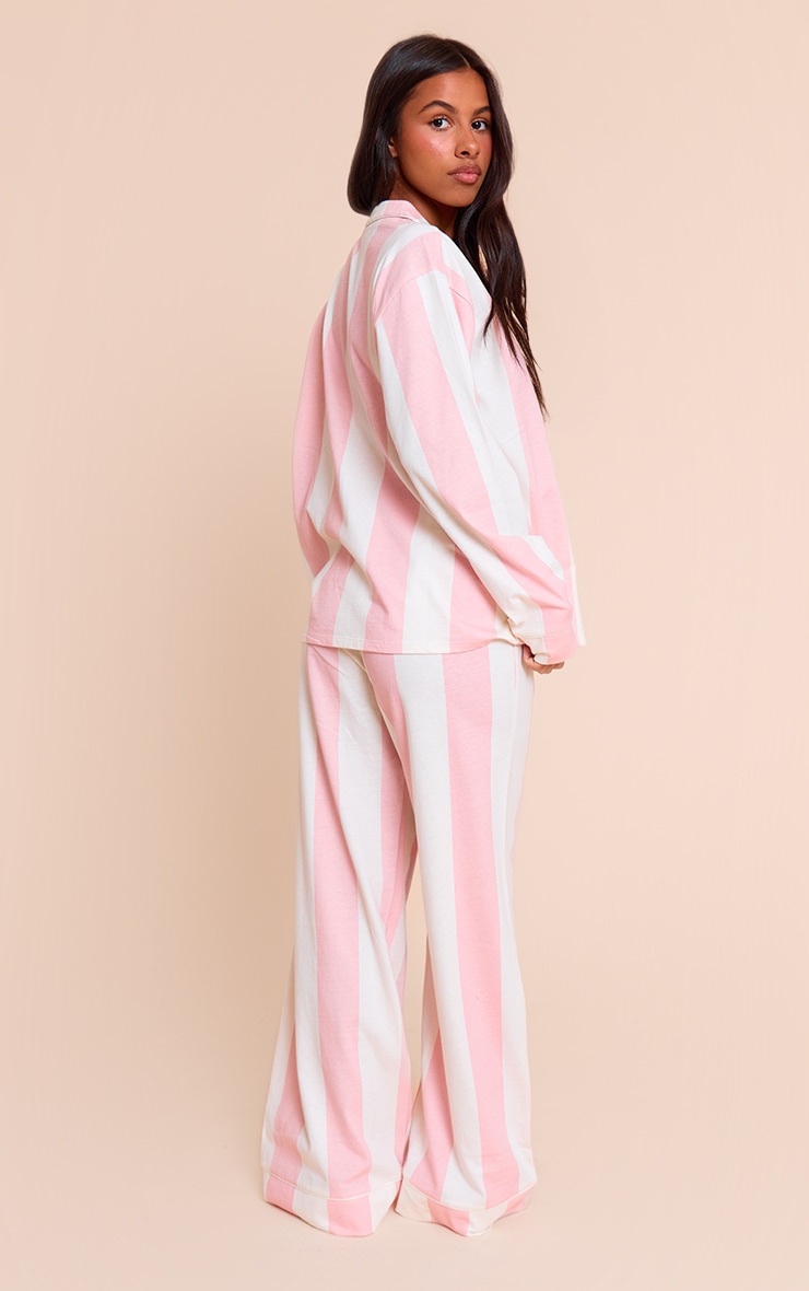 Petite Pink Chunky Stripe Jersey Piping Detail Long Pj Set image 2