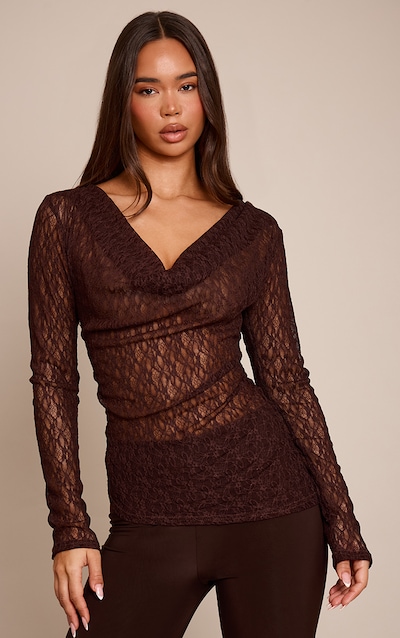 Top en dentelle chocolat transparente à col bénitier et manches longues