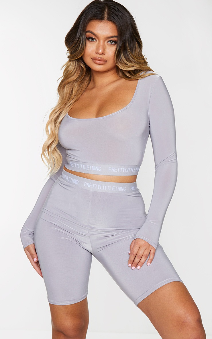 PRETTYLITTLETHING Grey Tape Slinky Long Sleeve Scoop Neck Crop Top