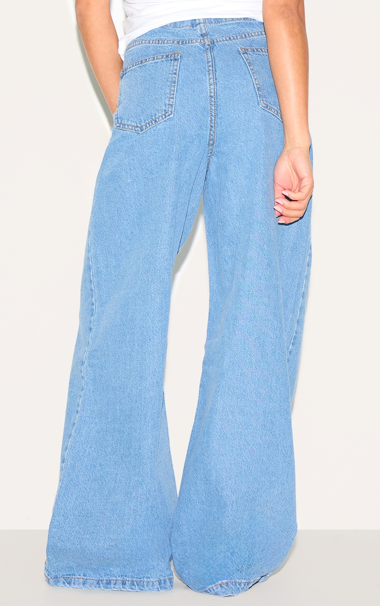 Petite Mid Blue Wash Low Rise Tie Waistband Wide Leg Jeans image 3