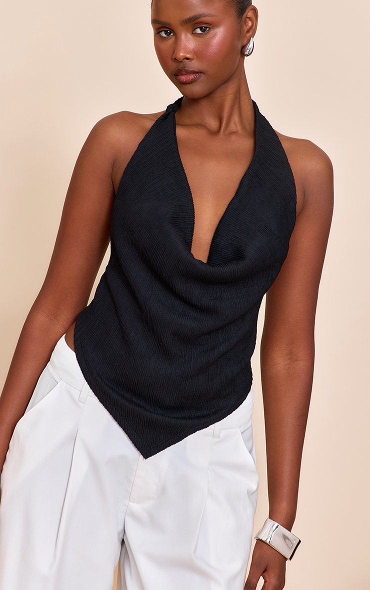 Black Textured Knot Detail Cowl Neck Top image 4