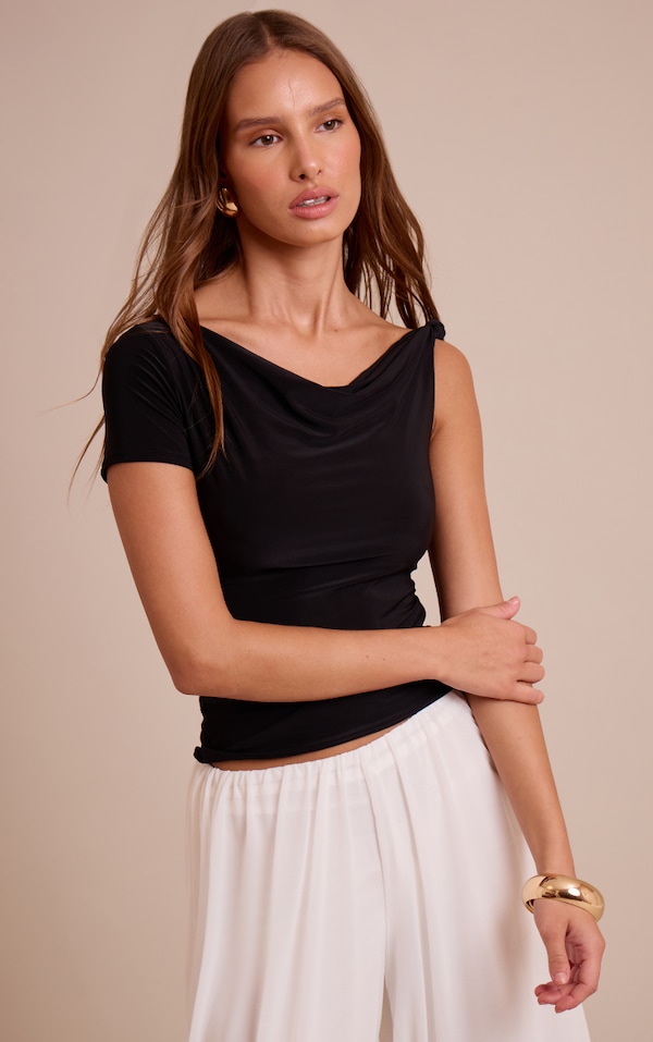 Black Double Layer Slinky Asymmetric Knot Detail Long Top 