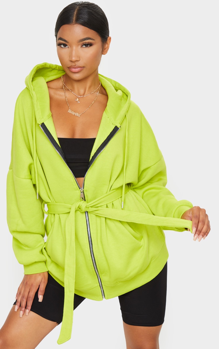Lime Oversized Longline Zip Belted Hoodie Jacket