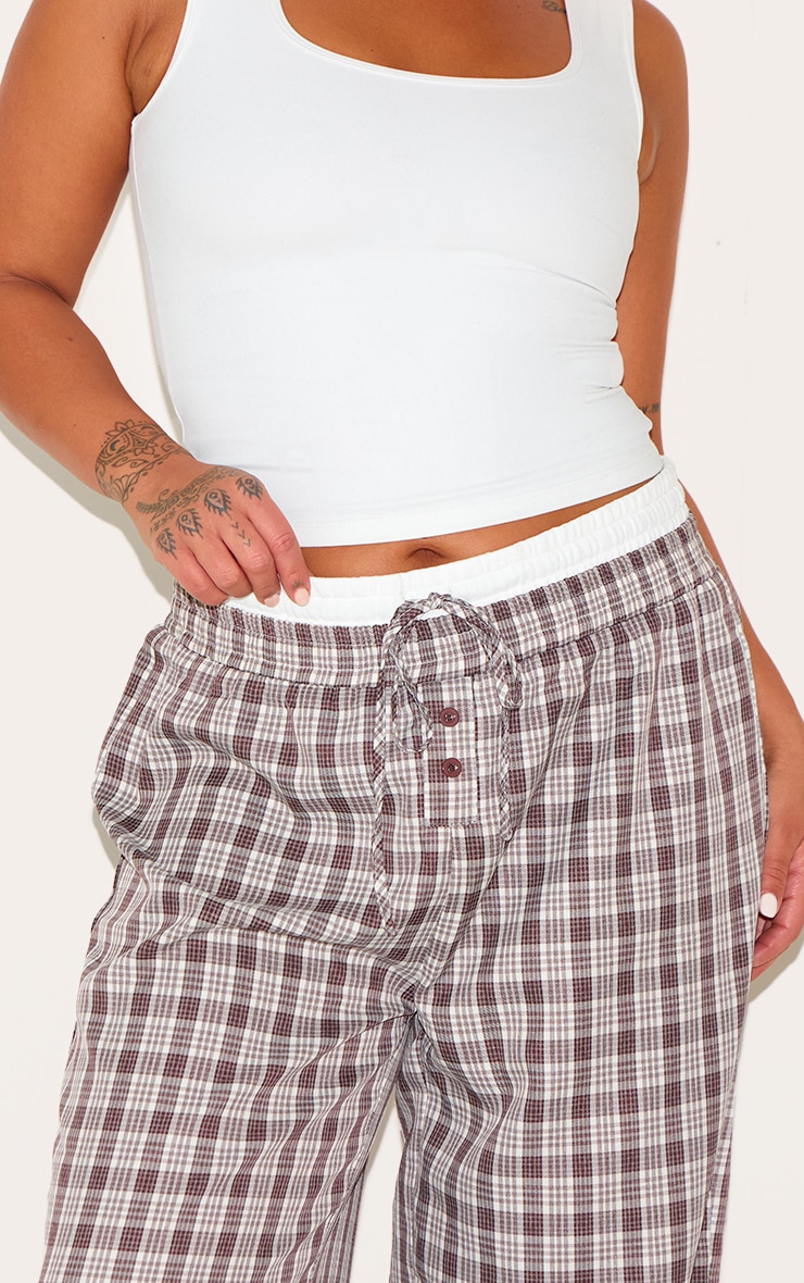 Plus Brown Gingham Print Button Front Straight Leg Pants image 4