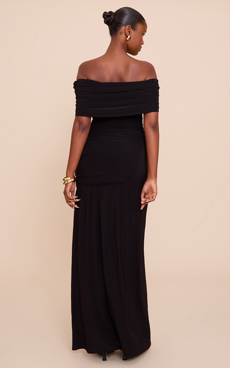 Robe longue moulante doublée noire froncée à épaule bardot unique image 2