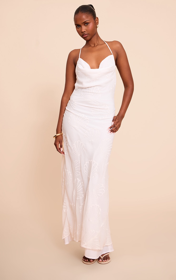 White Chiffon Shell Embroidered Cowl Maxi Dress image 4