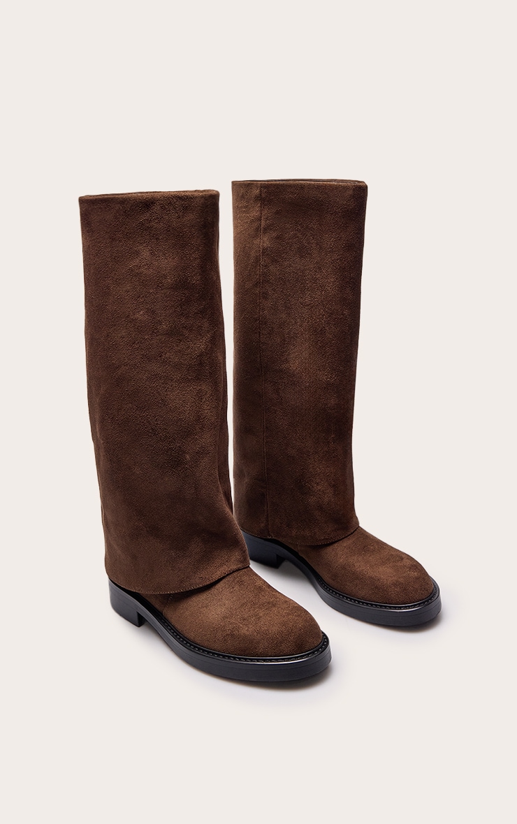 Chocolate Suede Fold Over Knee High Boot image 3