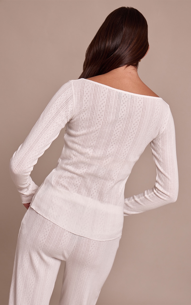 Cream Pointelle Boatneck Long Sleeve Top image 2