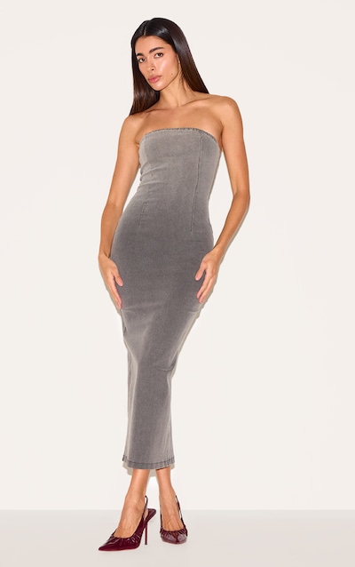 Robe mi-longue en jean stretch gris effet dégradé sans manches
