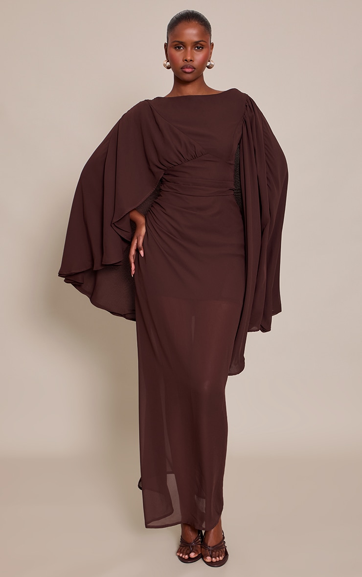 Chocolate Chiffon Cape Detail Maxi Dress