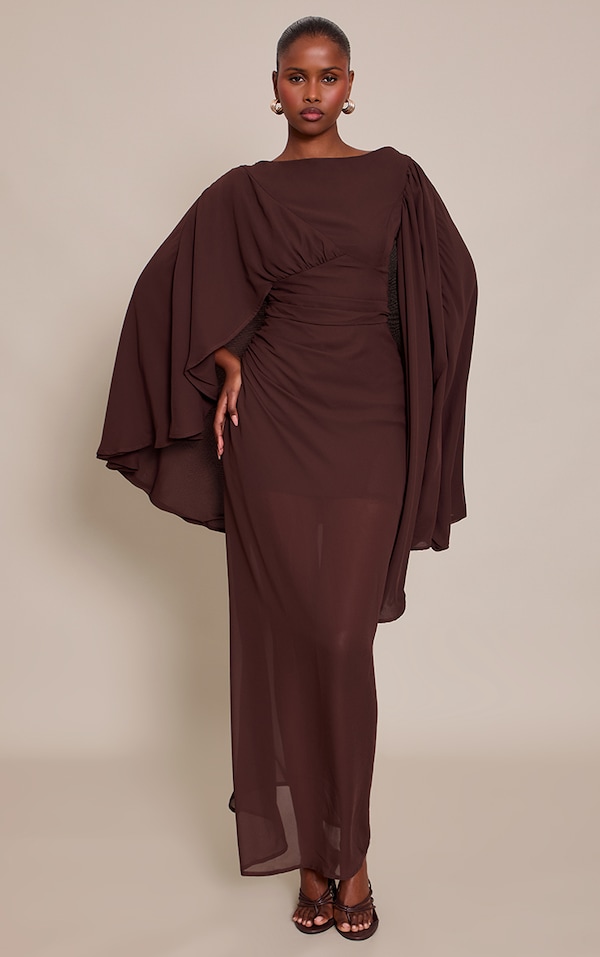 Chocolate Chiffon Cape Detail Maxi Dress