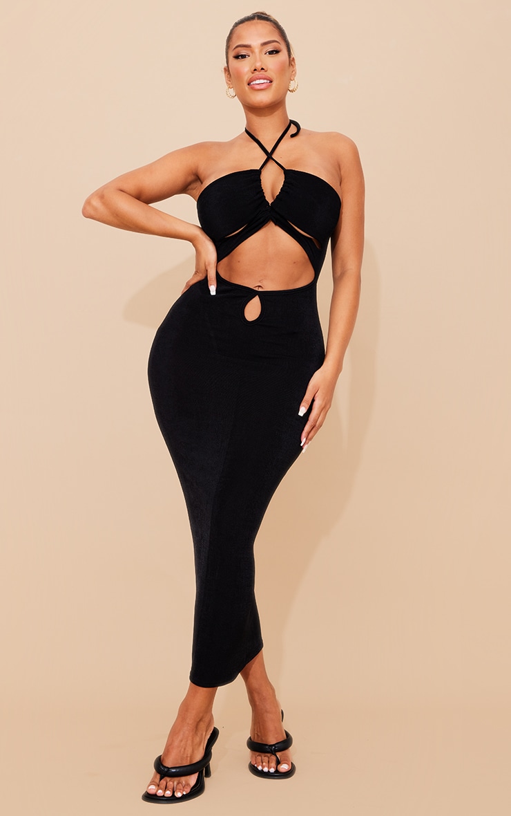 Shape Black Textured Slinky Lace Up Cut Out Midaxi Dress image 1
