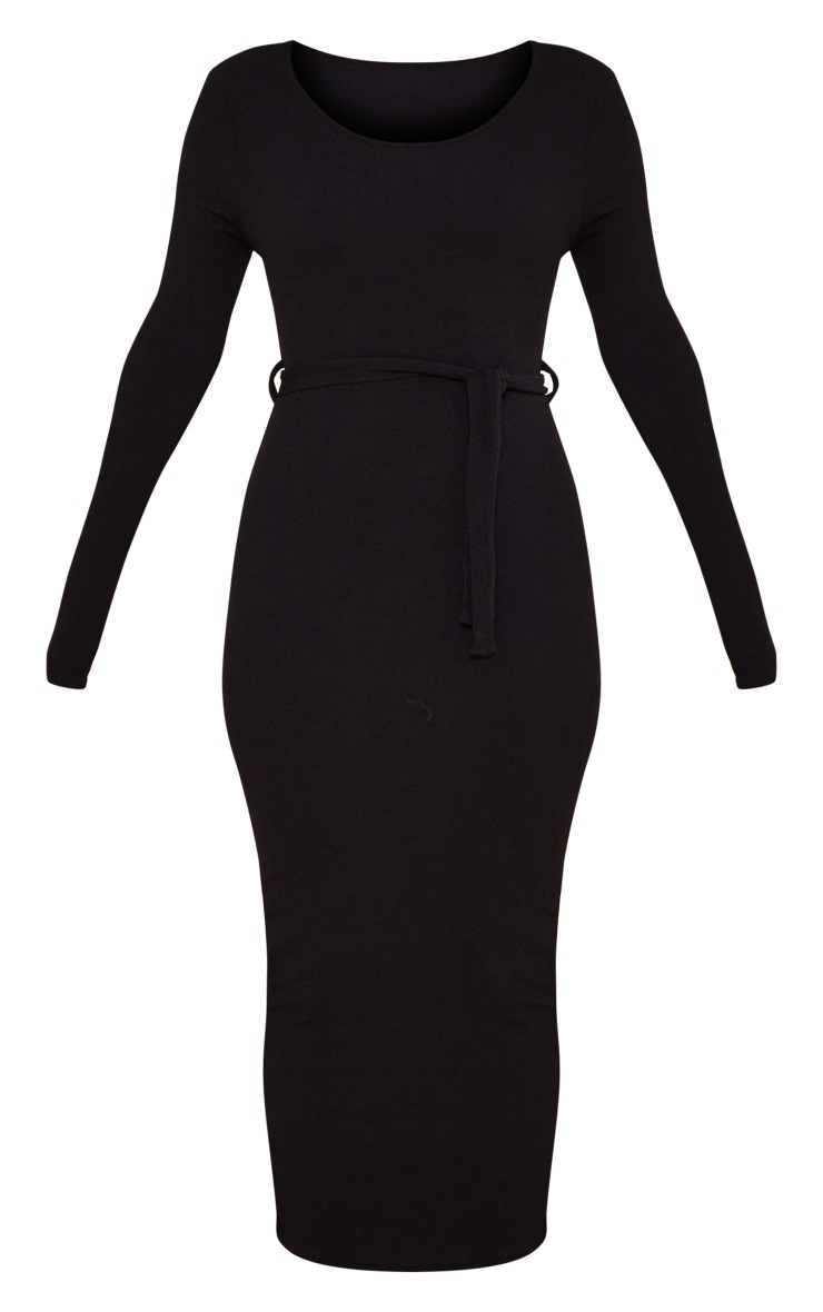 Black Rib Open Back Tie Waist Midaxi Dress image 5