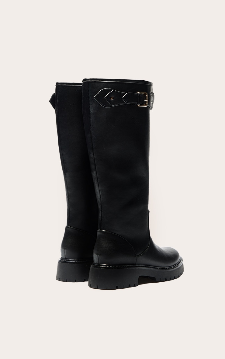 Black PU Buckle Detail Knee High Chelsea Boot image 4