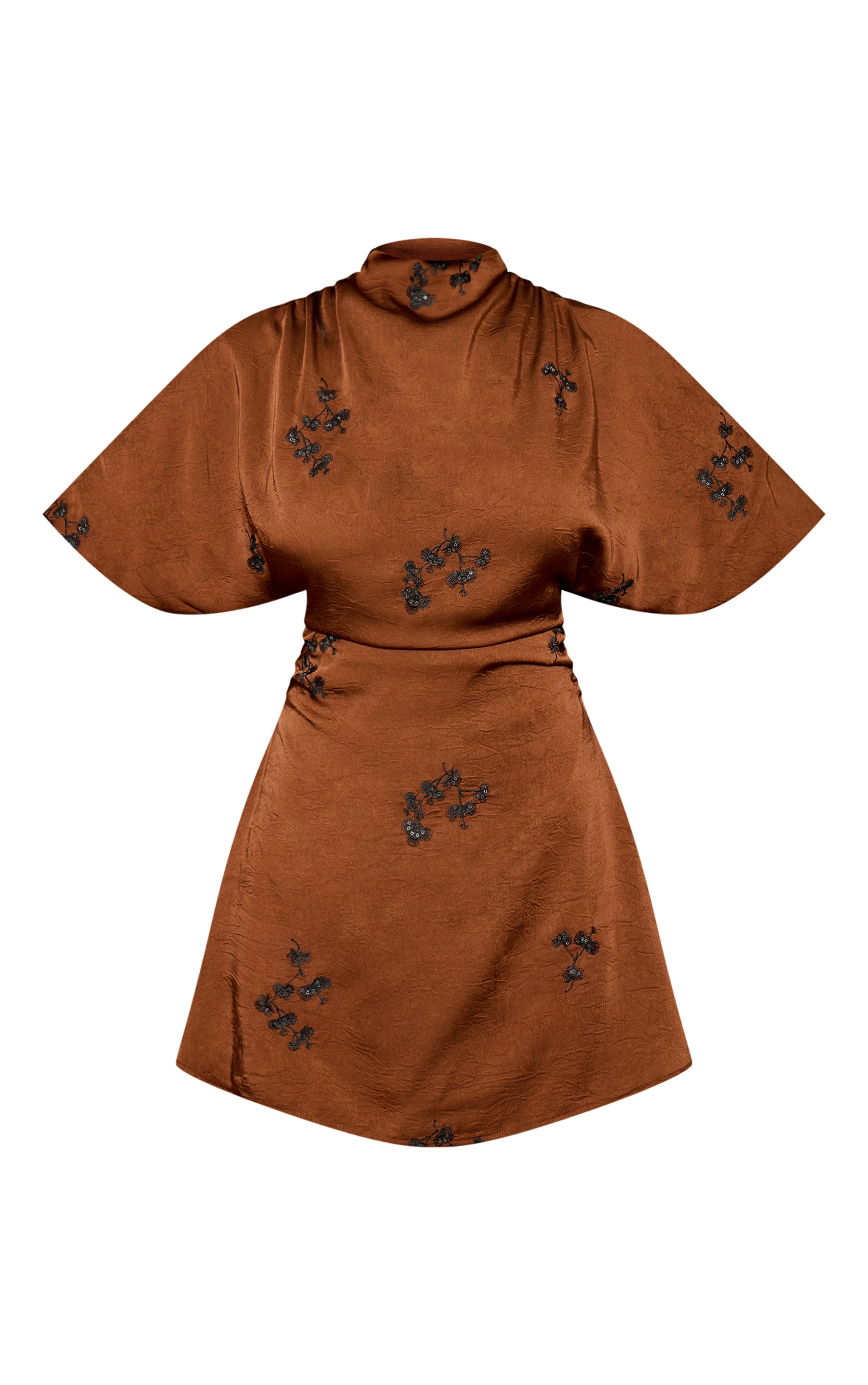 Brown Satin Embroidered Mini Dress image 5