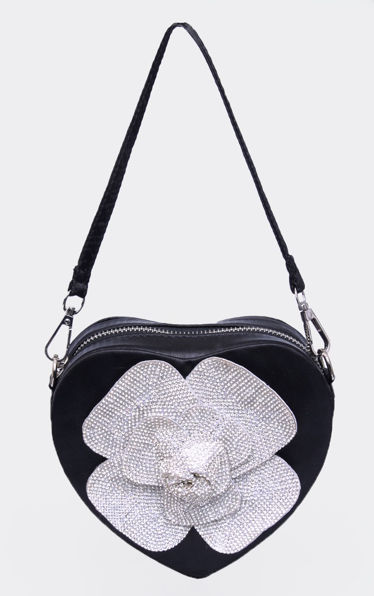 Black Satin Heart Shape Diamante Flower Handbag image 2